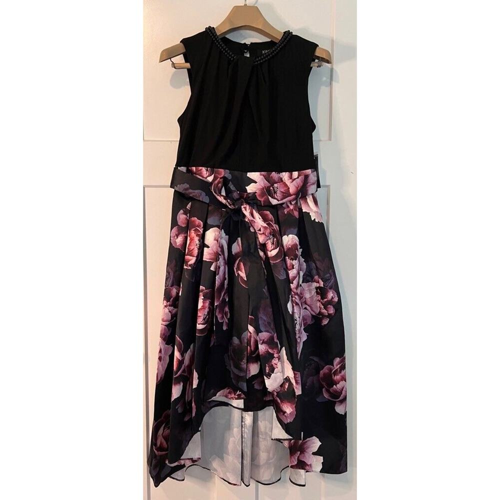 Ignite Evenings High Low Dress Black Floral Belt Sleeveless Formal Party Size 8